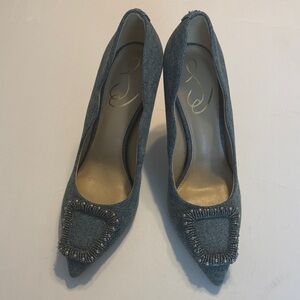 Sam Edelman Denim Pointed-Toe Pumps with Beaded Buckle - Blue